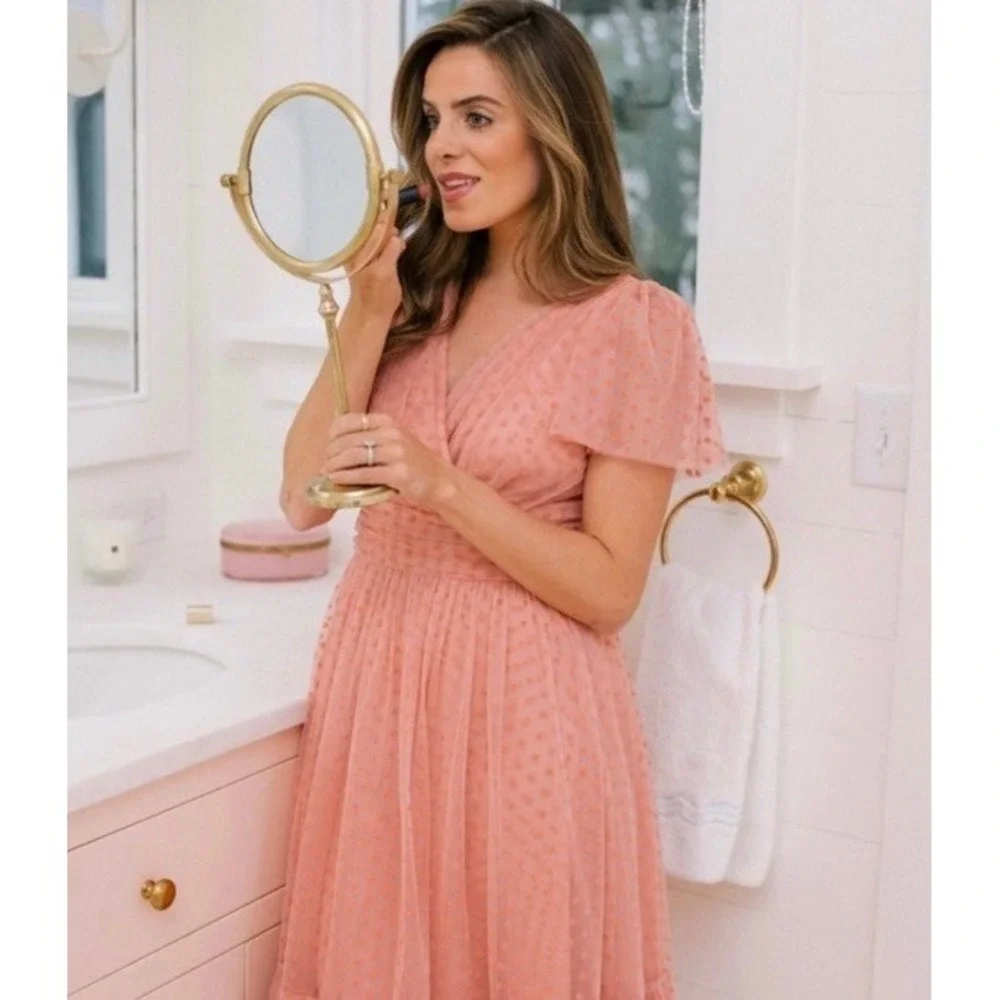 New Gal Meets Glam Zelda Dress Pink Above Knee Polka Short Sleeve Size 4 6 Mesh
